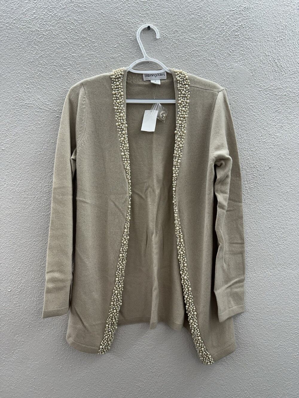 Bloomingdales Womens Cardigan Size Medium Champagne Cashmere Embellished NWT